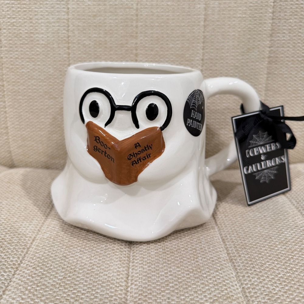 NEW Cobwebs & Cauldrons Ghost Mug Reading Book Glasses Halloween Ceramic Coffee